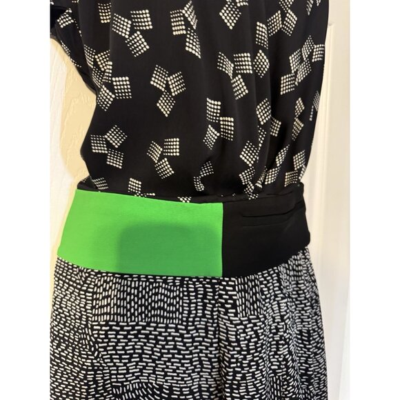Diane von Furstenberg DVF Stretch Silk Dress 2 Black Green Ivory Short Sleeve - Picture 5 of 16